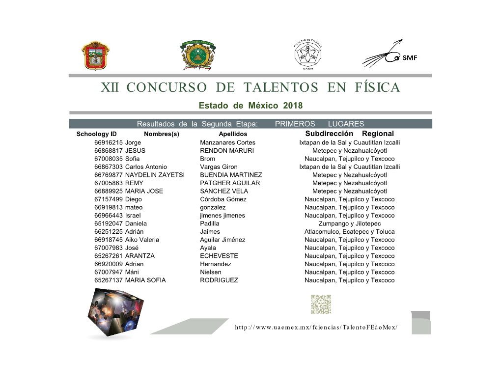 XII CONCURSO DE TALENTOS EN FÍSICA Estado De México 2018