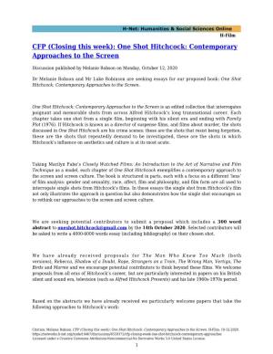 One Shot Hitchcock: Contemporary Approaches to the Screen