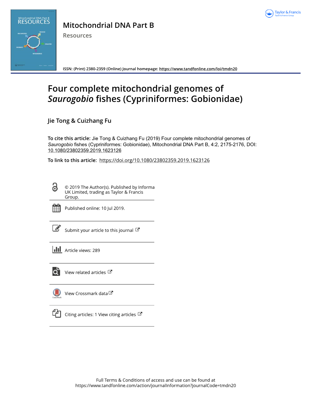Four Complete Mitochondrial Genomes of Saurogobio Fishes (Cypriniformes: Gobionidae)