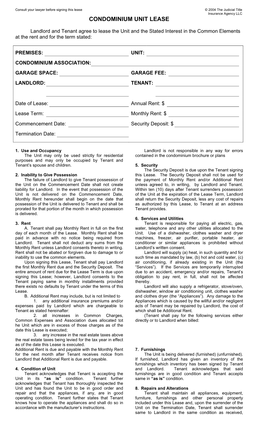 Condominium Lease Agreement