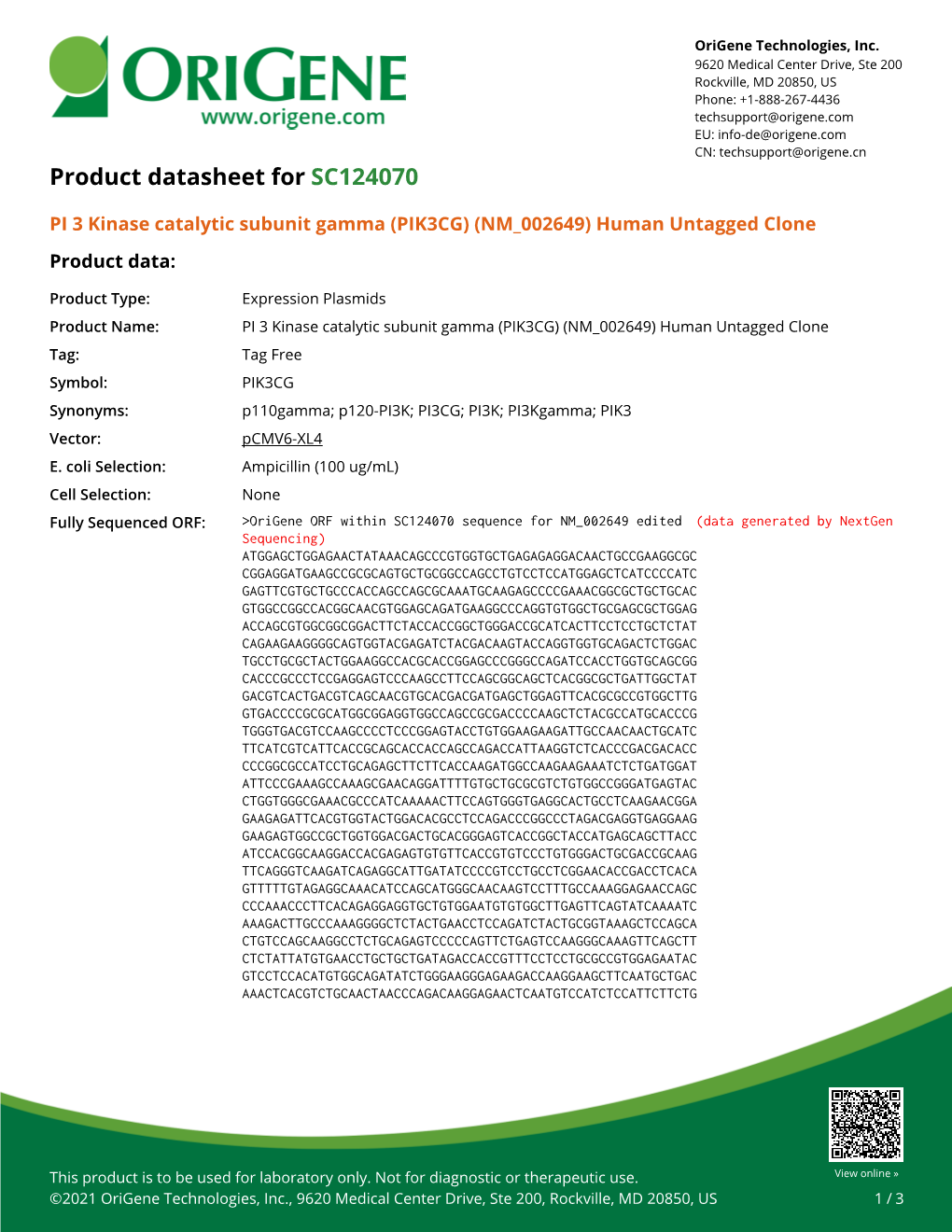 (PIK3CG) (NM 002649) Human Untagged Clone Product Data