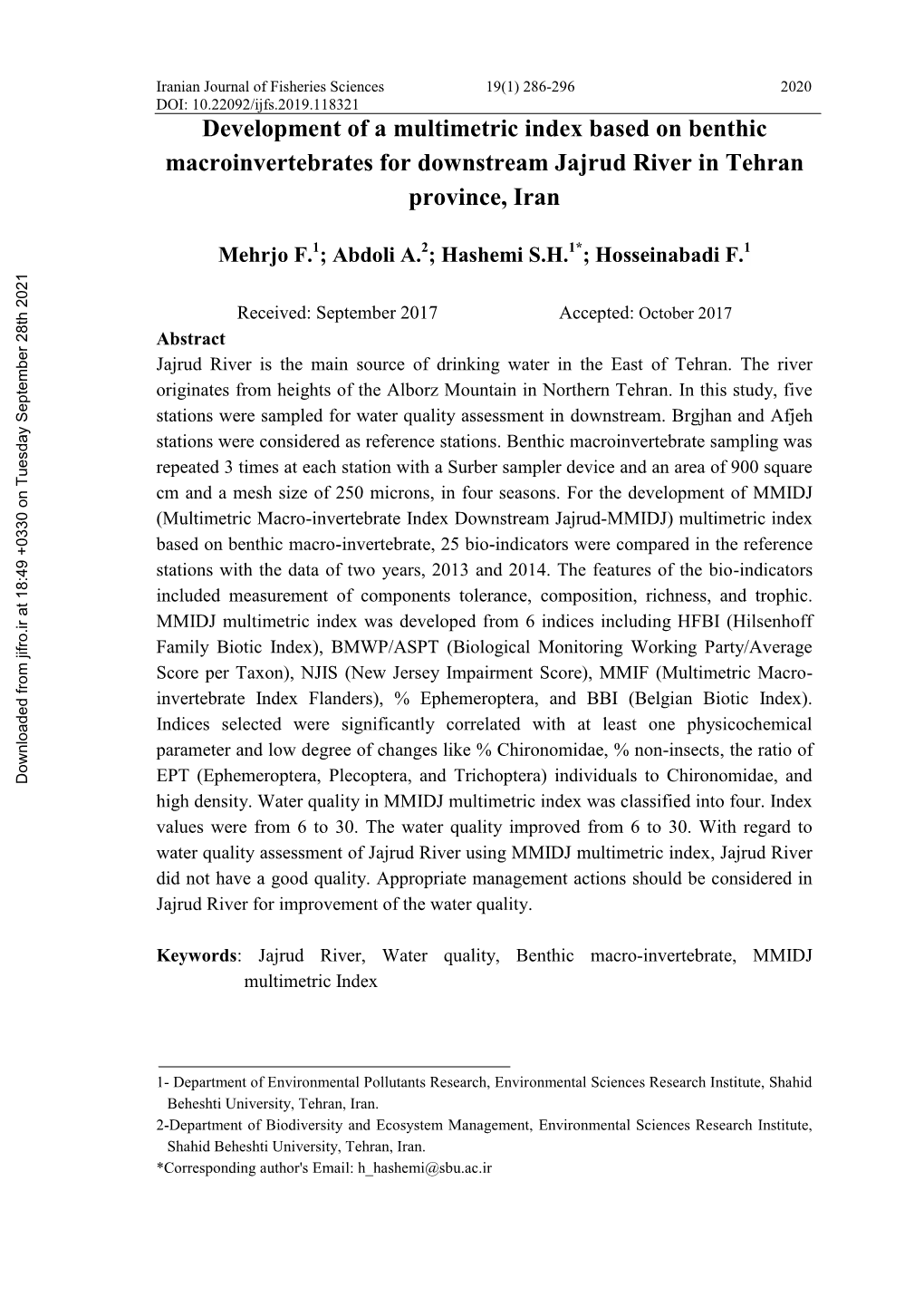 Development of a Multimetric Index Based on Benthic Macroinvertebrates for Downstream Jajrud River in Tehran Province, Iran