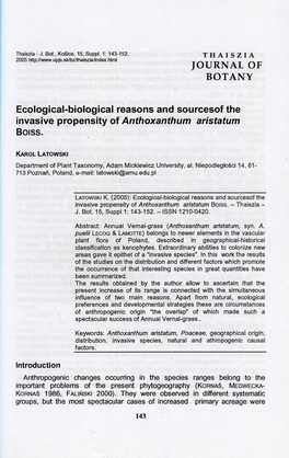 Ecological-Biological Reasons and Sourcesof the Invasive Propensity of Anthoxanthum Aristatum BOISS