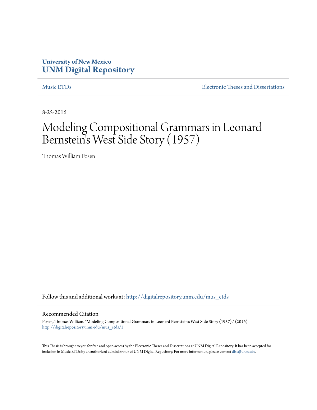 Modeling Compositional Grammars in Leonard Bernstein's West Side Story (1957) Thomas William Posen