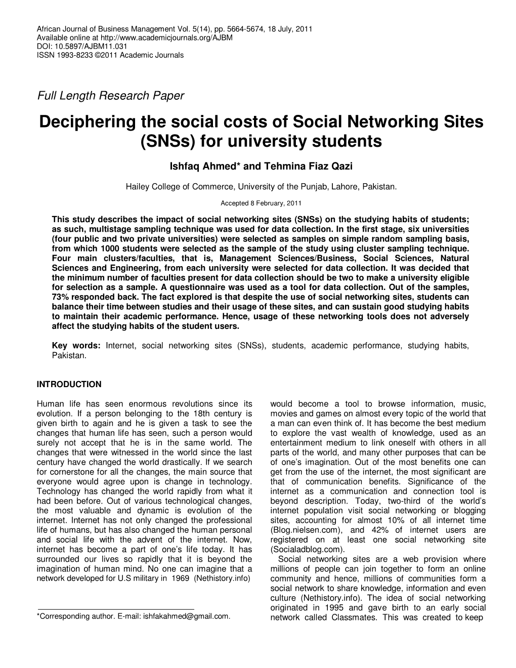 Deciphering the Social Costs of Social Networking Sites (Snss) for University Students