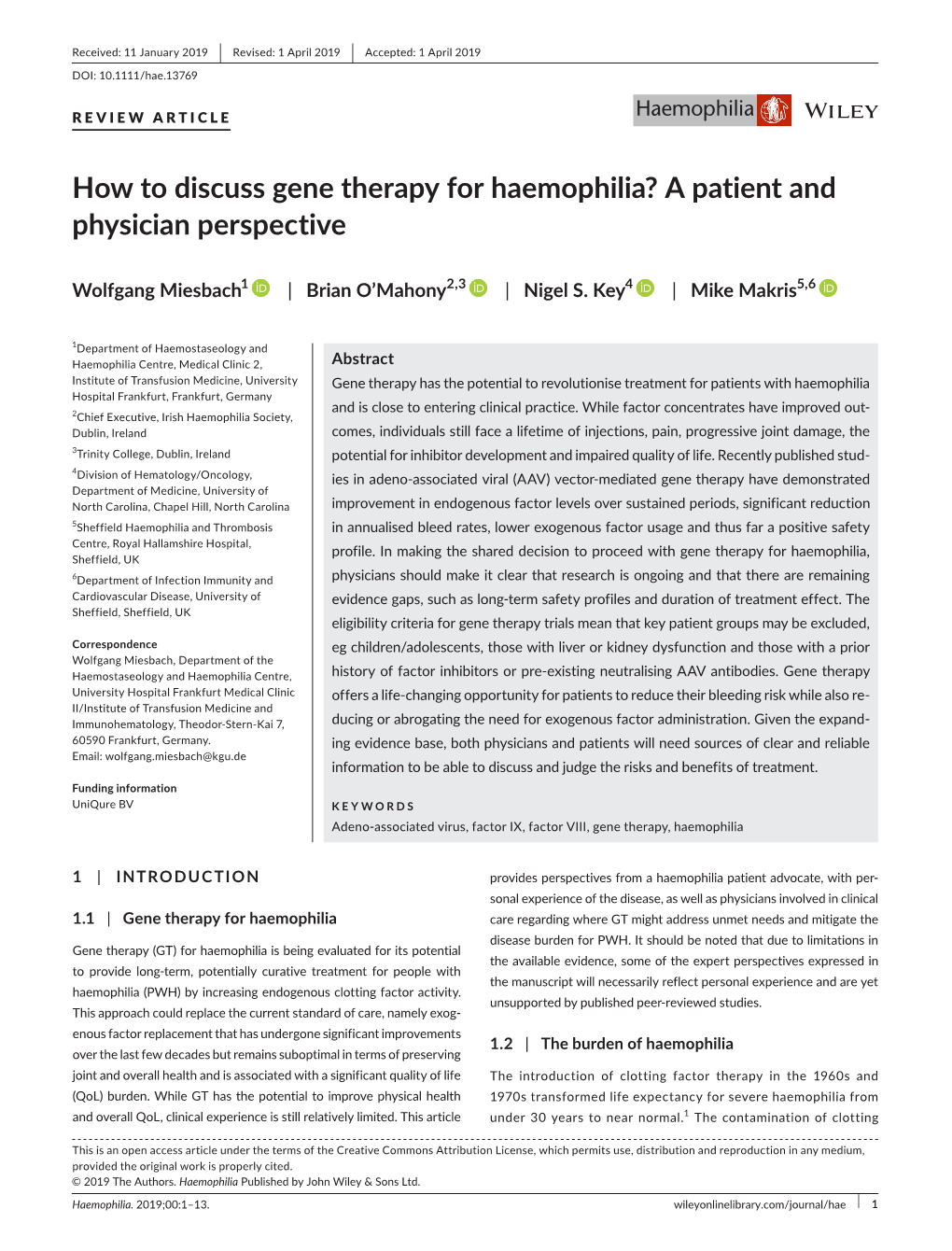 How to Discuss Gene Therapy for Haemophilia? a Patient and Physician Perspective
