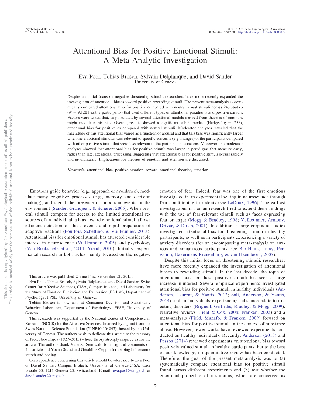 Attentional Bias for Positive Emotional Stimuli: a Meta-Analytic Investigation