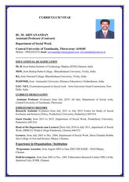 CURRICULUM VITAE Dr. M. ARIVANANDAN Assistant Professor
