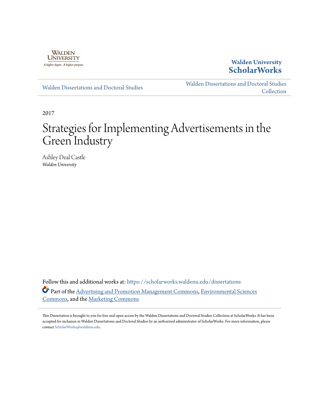 Strategies for Implementing Advertisements in the Green Industry Ashley Deal Castle Walden University