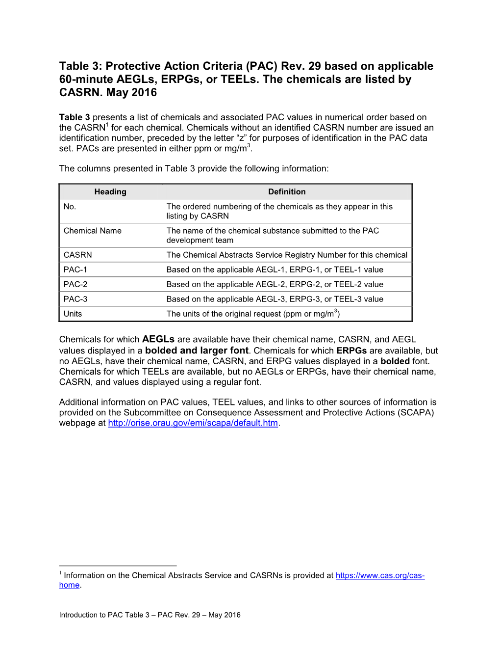 Table 3: Protective Action Criteria (PAC) Rev. 29 Based on Applicable 60-Minute Aegls, Erpgs, Or Teels