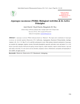 Asparagus Racemosus (Willd): Biological Activities & Its Active Principles
