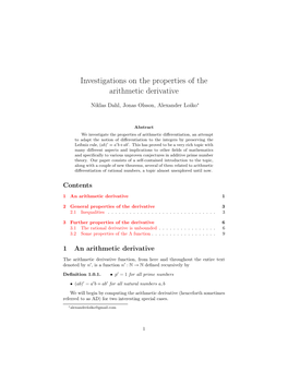Investigations on the Properties of the Arithmetic Derivative
