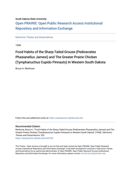 Food Habits of the Sharp-Tailed Grouse (Pedioecetes Phasianellus Jamesi) and the Greater Prairie Chicken (Tymphanuchus Cupido Pinnauts) in Western South Dakota