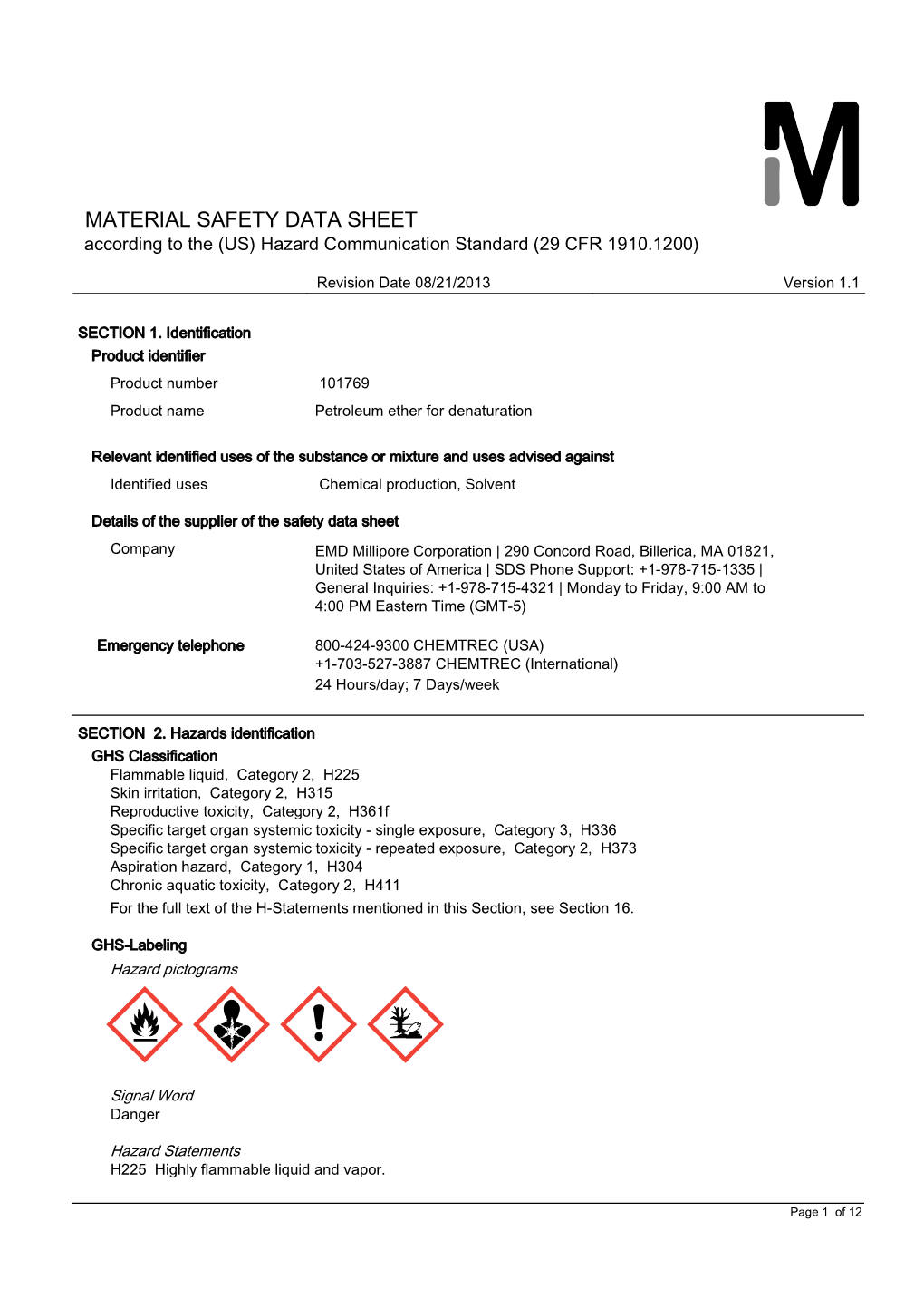 MATERIAL SAFETY DATA SHEET According to the (US) Hazard Communication Standard (29 CFR 1910.1200)
