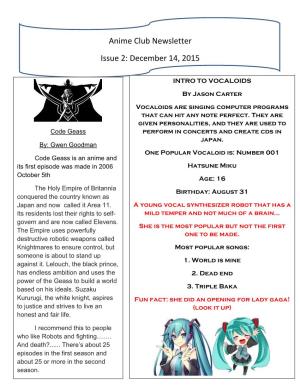 Anime Club Newsletter Issue 2: December 14, 2015