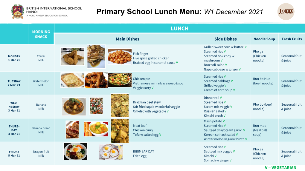 Primary School Lunch Menu: W1 December 2021