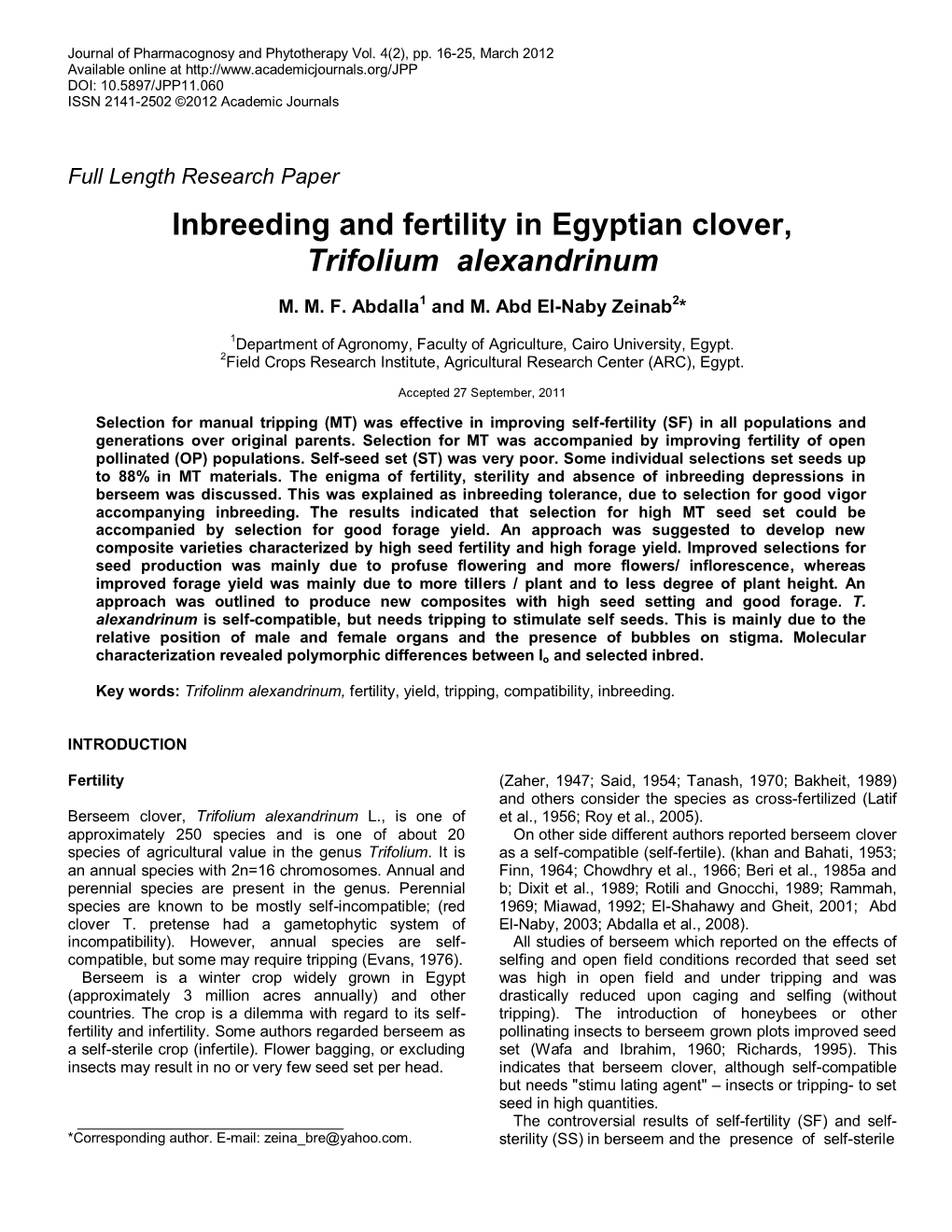 Inbreeding and Fertility in Egyptian Clover, Trifolium Alexandrinum