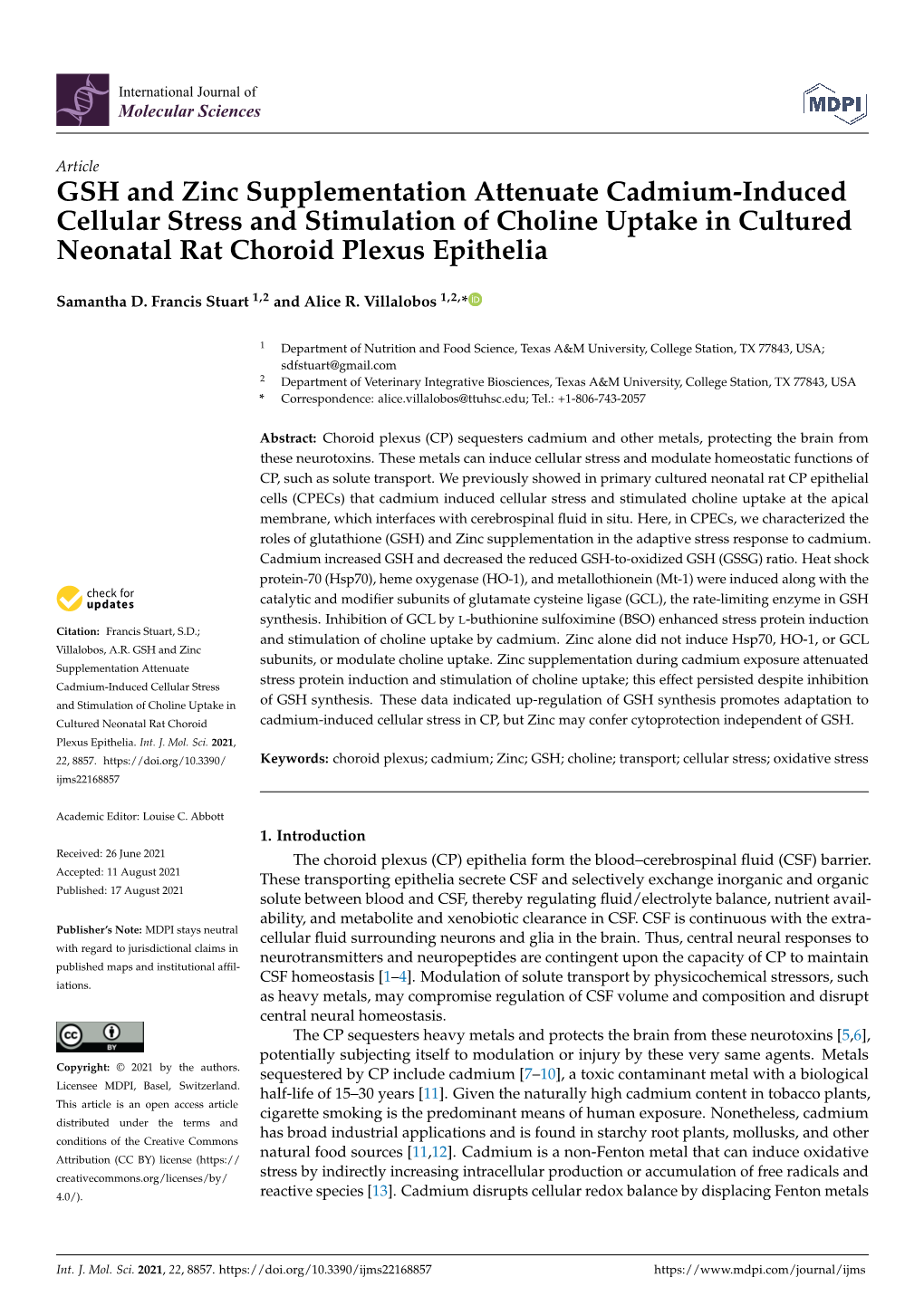 GSH and Zinc Supplementation Attenuate Cadmium-Induced Cellular Stress and Stimulation of Choline Uptake in Cultured Neonatal Rat Choroid Plexus Epithelia