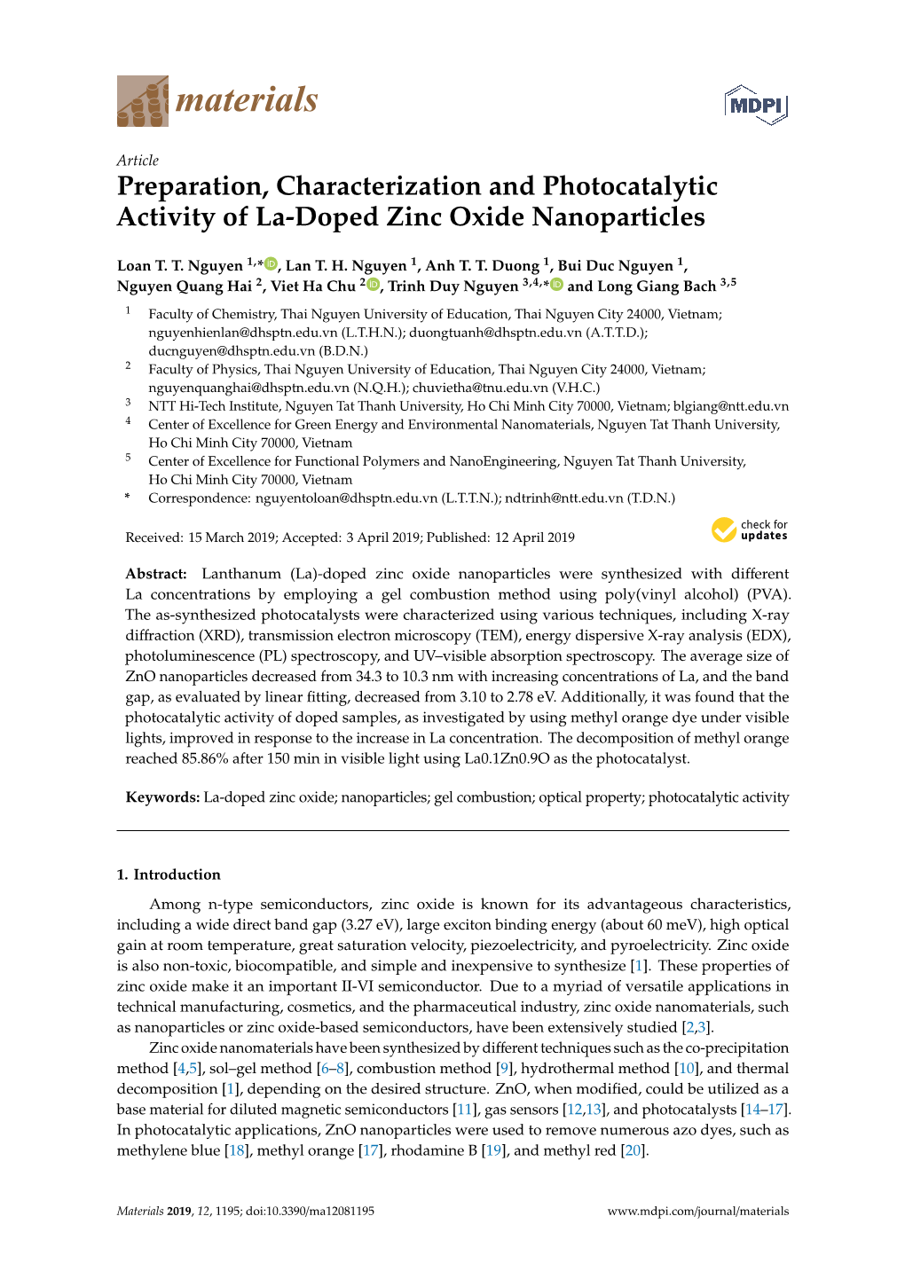 Preparation, Characterization and Photocatalytic Activity of La-Doped Zinc Oxide Nanoparticles