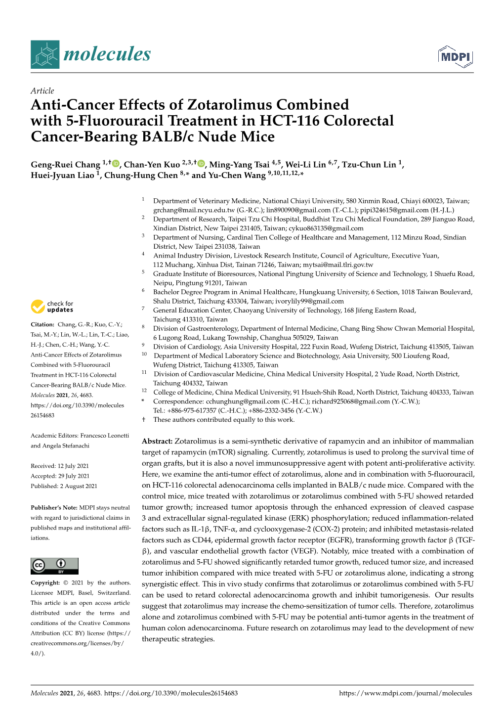 Anti-Cancer Effects of Zotarolimus Combined with 5-Fluorouracil Treatment in HCT-116 Colorectal Cancer-Bearing BALB/C Nude Mice