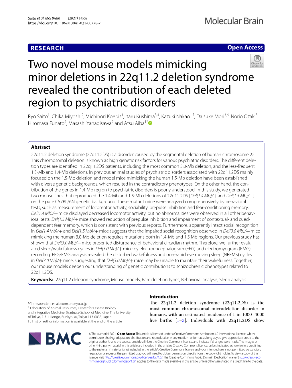 Two Novel Mouse Models Mimicking Minor Deletions in 22Q11.2 Deletion