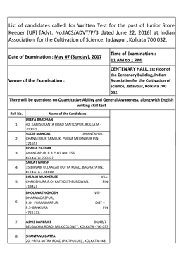 List of the Candidates Selected for the Wrttten Test