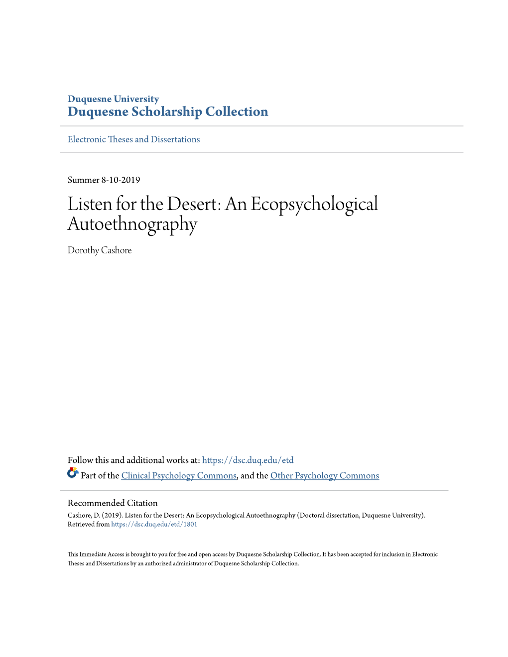 An Ecopsychological Autoethnography Dorothy Cashore