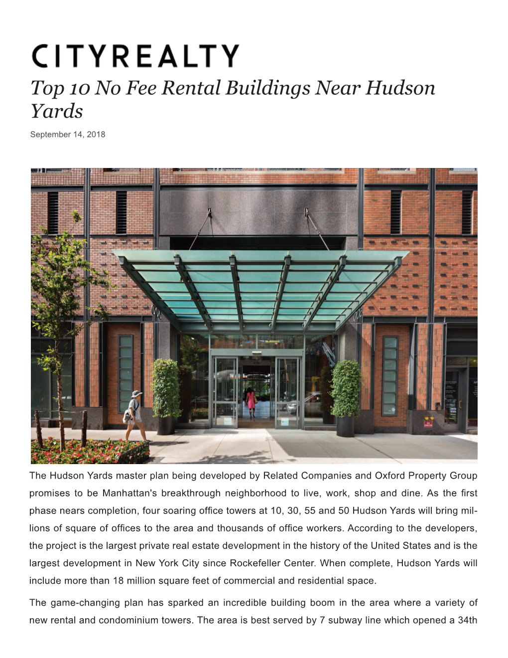 Top 10 No Fee Rental Buildings Near Hudson Yards September 14, 2018