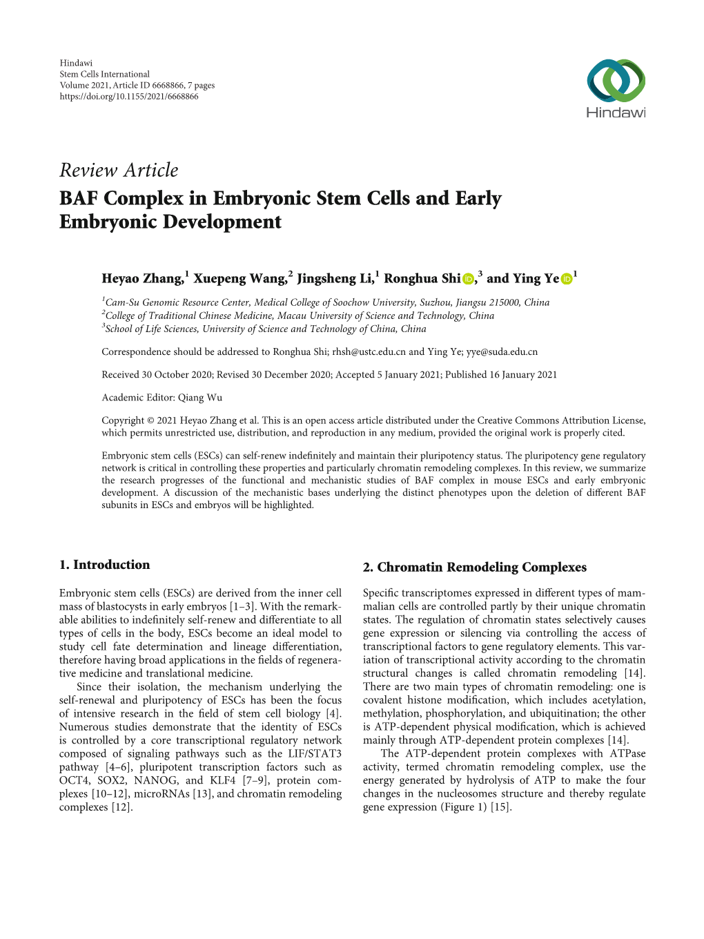 BAF Complex in Embryonic Stem Cells and Early Embryonic Development