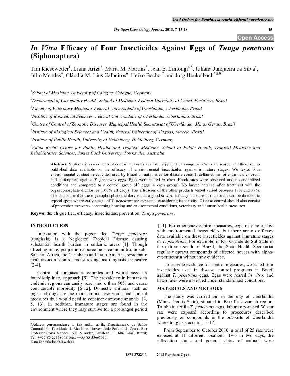In Vitro Efficacy of Four Insecticides Against Eggs of Tunga Penetrans (Siphonaptera)