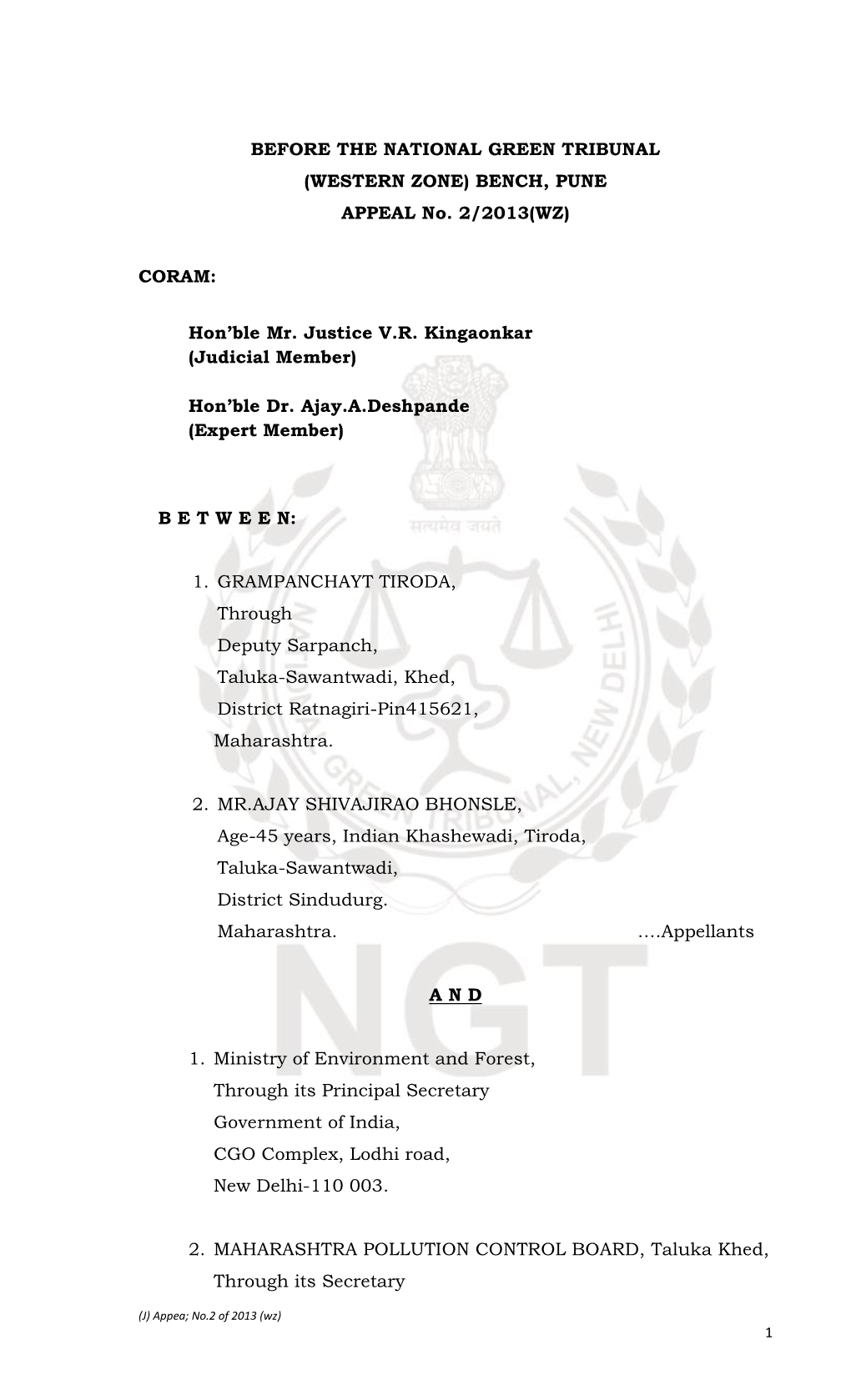 BEFORE the NATIONAL GREEN TRIBUNAL (WESTERN ZONE) BENCH, PUNE APPEAL No