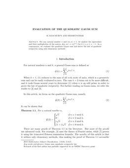 Evaluation of the Quadratic Gauss Sum