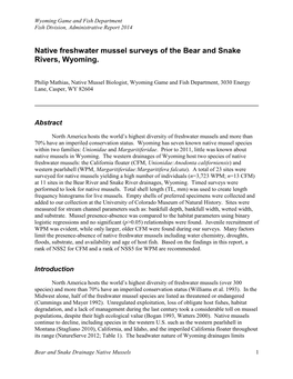 Native Freshwater Mussel Surveys of the Bear and Snake Rivers, Wyoming