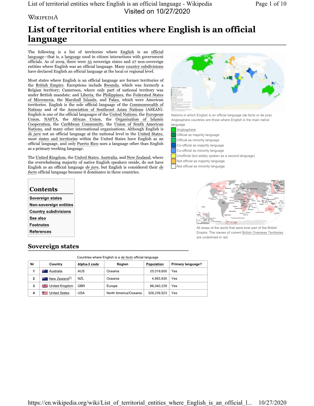 List of Territorial Entities Where English Is an Official Language - Wikipedia Page 1 of 10 Visited on 10/27/2020