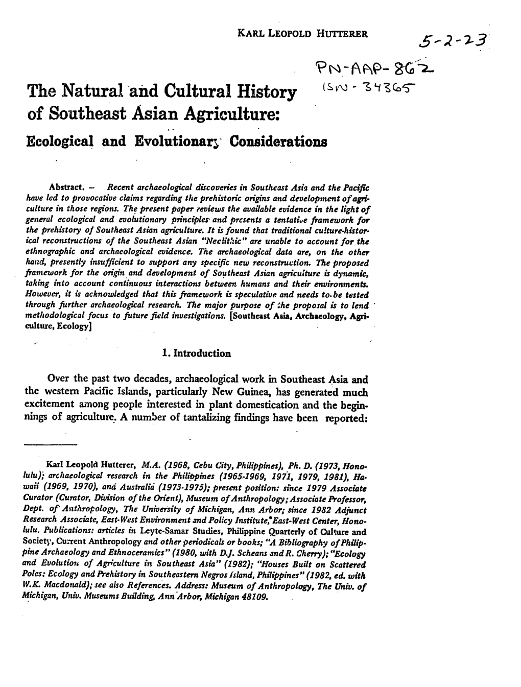 133 the Natural and Cultural History ' 7 (C5 of Southeast Asian Agriculture