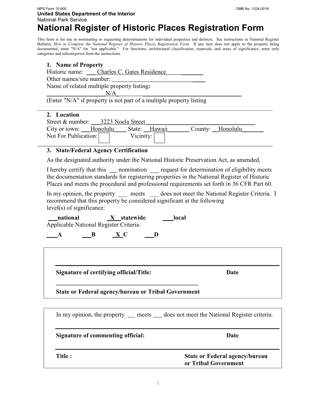 United States Department of the Interior National Park Service National Register of Historic Places Registration Form