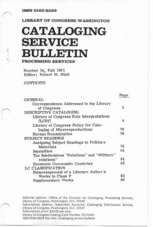 Cataloging Service Bulletin 014, Fall 1981