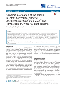 Lysobacter Arseniciresistens Type Strain ZS79T and Comparison of Lysobacter Draft Genomes Lin Liu, Shengzhe Zhang, Meizhong Luo and Gejiao Wang*