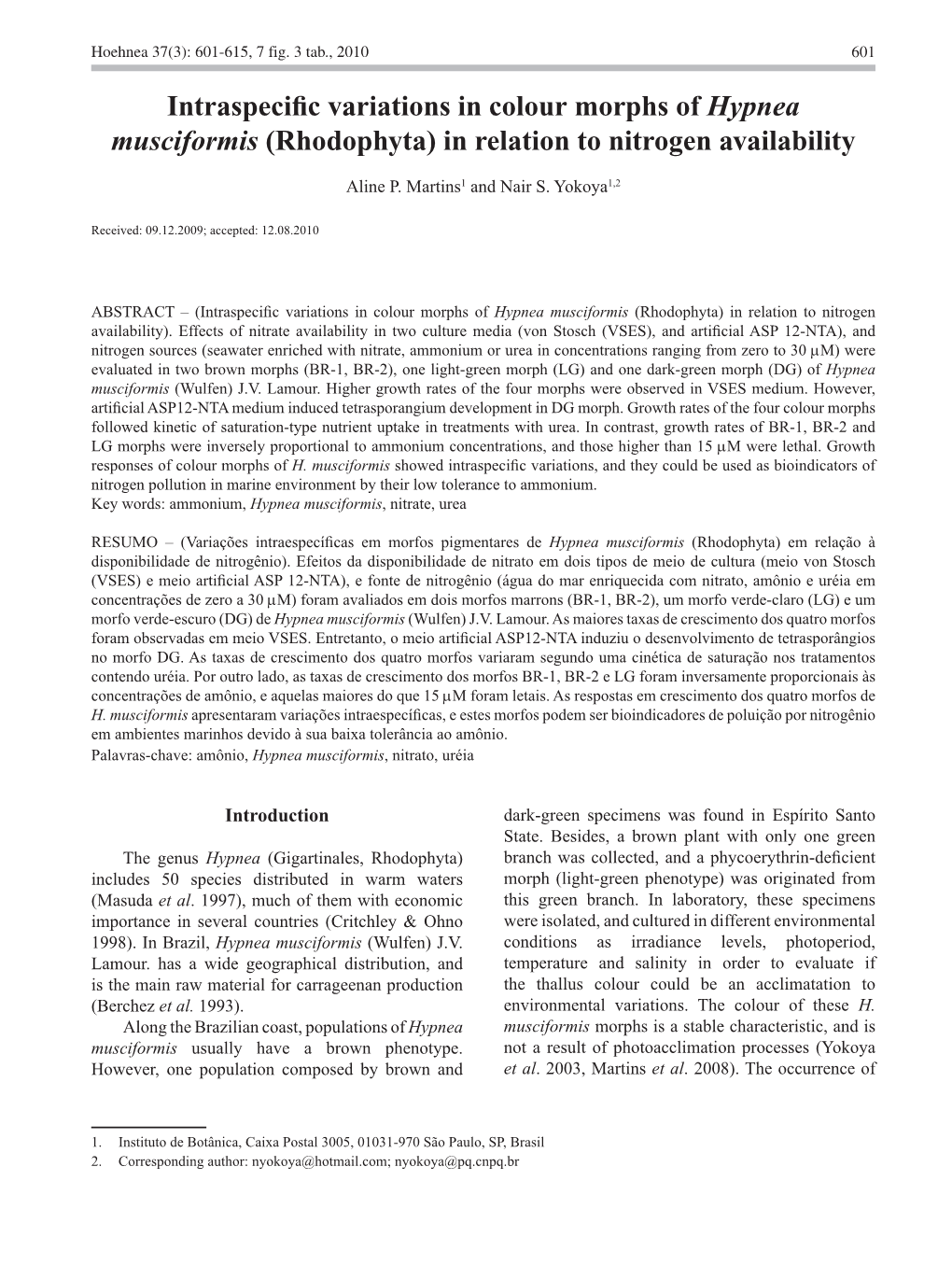 Intraspecific Variations in Colour Morphs of Hypnea Musciformis (Rhodophyta) in Relation to Nitrogen Availability)