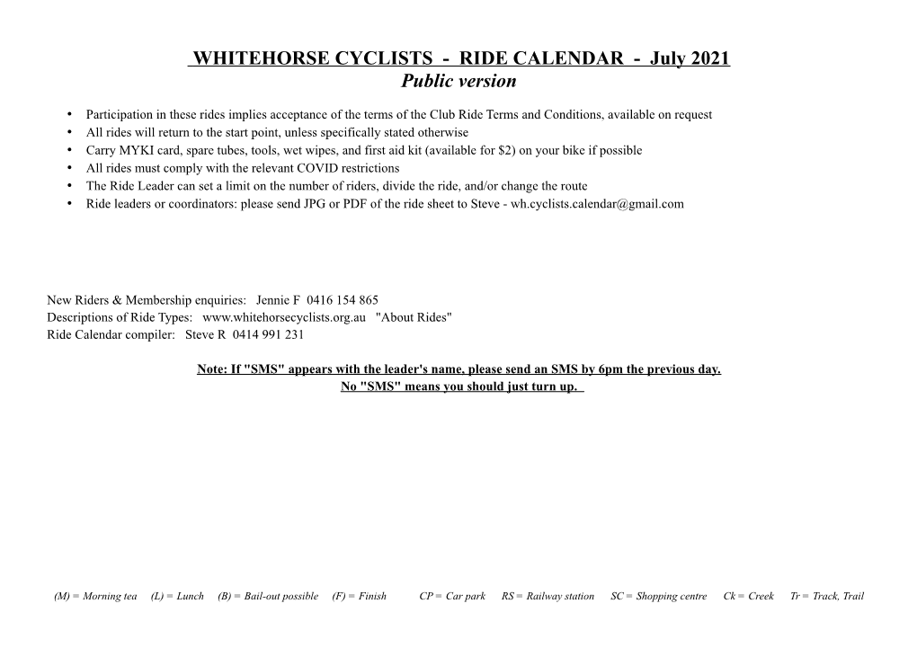 RIDE CALENDAR - July 2021 Public Version