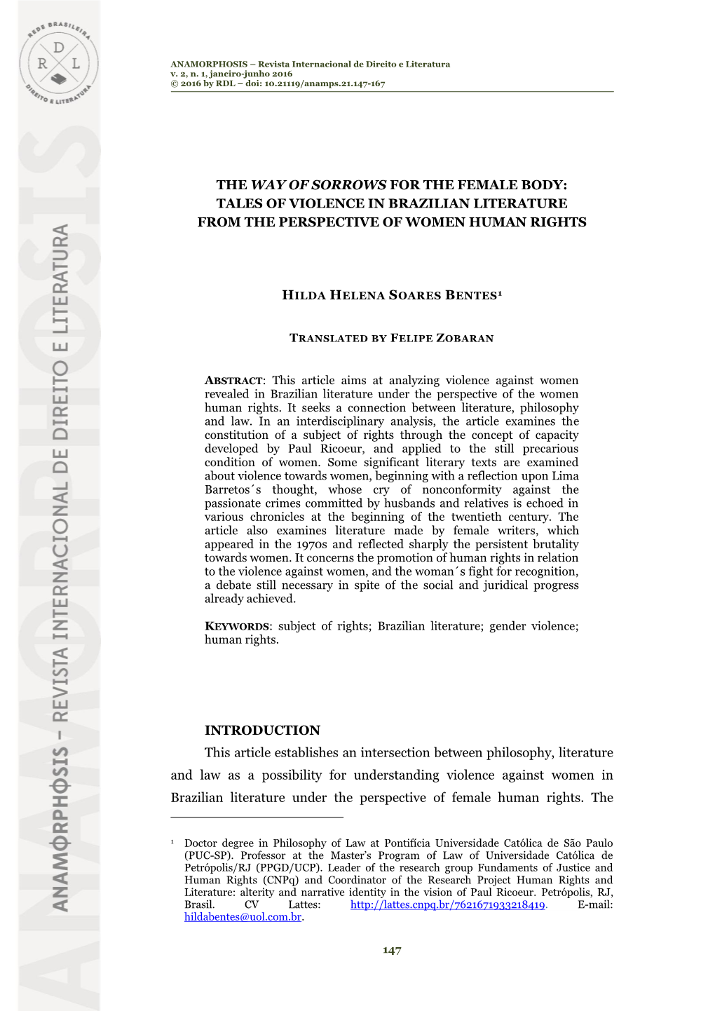 The Way of Sorrows for the Female Body: Tales of Violence in Brazilian Literature from the Perspective of Women Human Rights