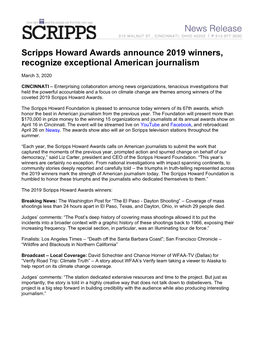 Scripps Howard Awards Announce 2019 Winners, Recognize Exceptional American Journalism