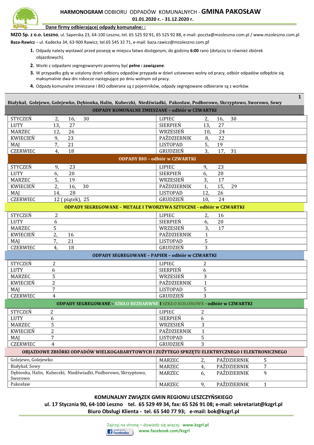 HARMONOGRAM ODBIORU ODPADÓW KOMUNALNYCH - GMINA PAKOSŁAW 01.01.2020 R