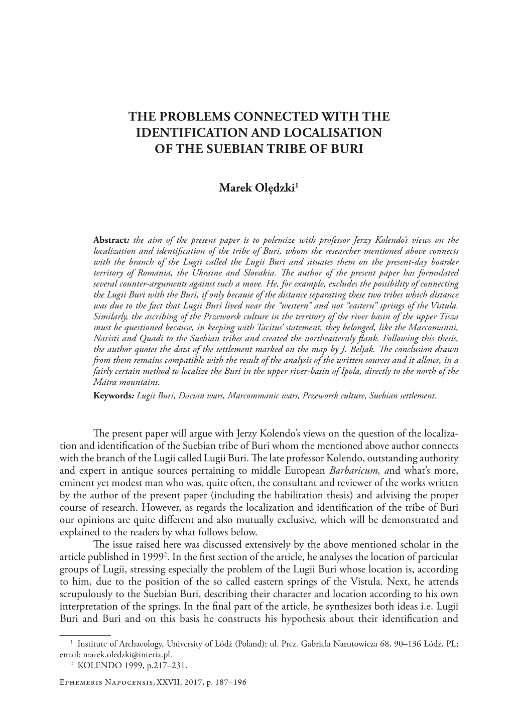 The Problems Connected with the Identification and Localisation of the Suebian Tribe of Buri