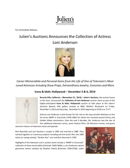 Julien's Auctions Announces the Collection of Actress Loni Anderson