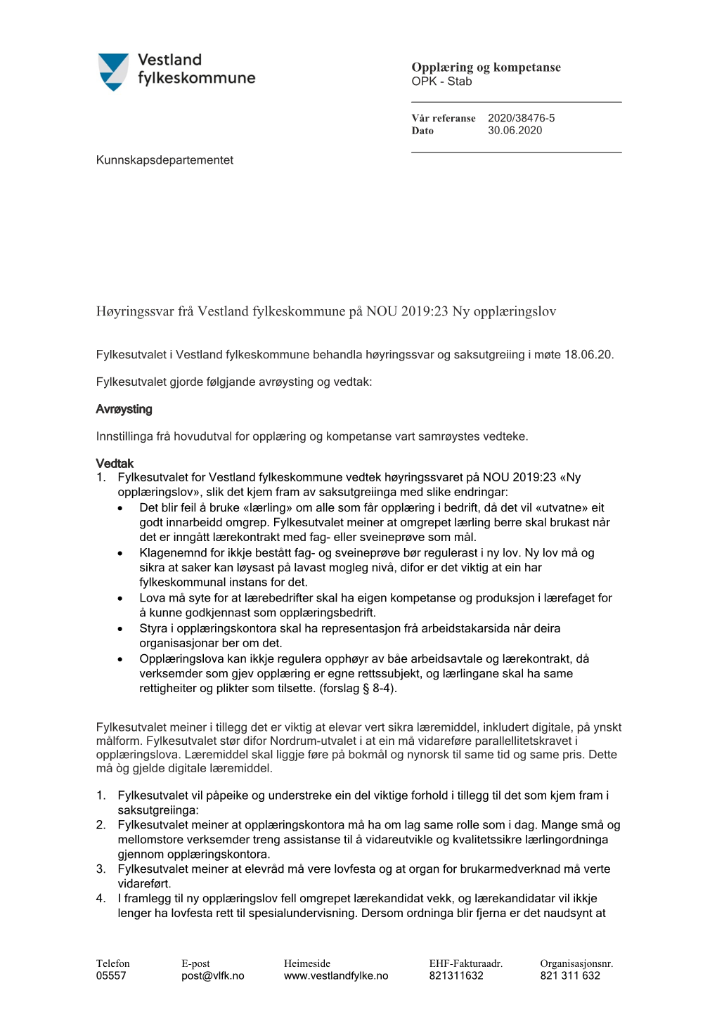 Høyringssvar Frå Vestland Fylkeskommune På NOU 2019:23 Ny Opplæringslov