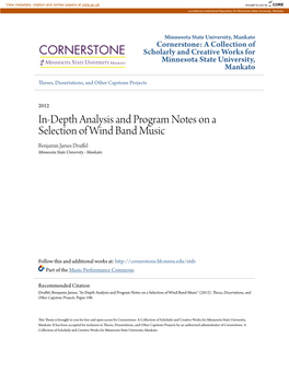 In-Depth Analysis and Program Notes on a Selection of Wind Band Music Benjamin James Druffel Minnesota State University - Mankato