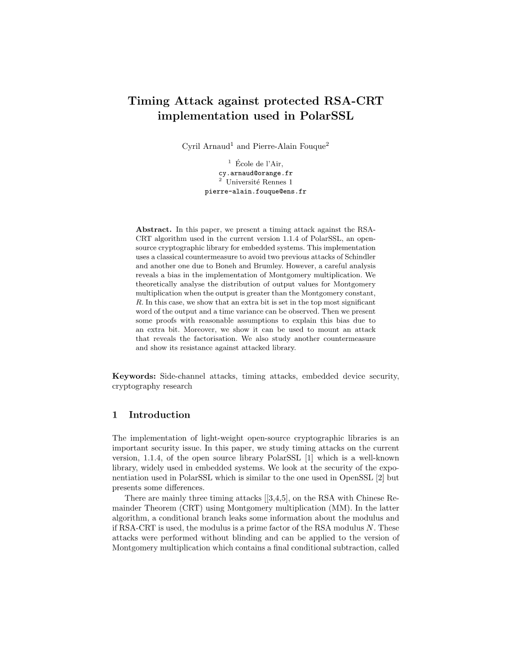 Timing Attack Against Protected RSA-CRT Implementation Used in Polarssl