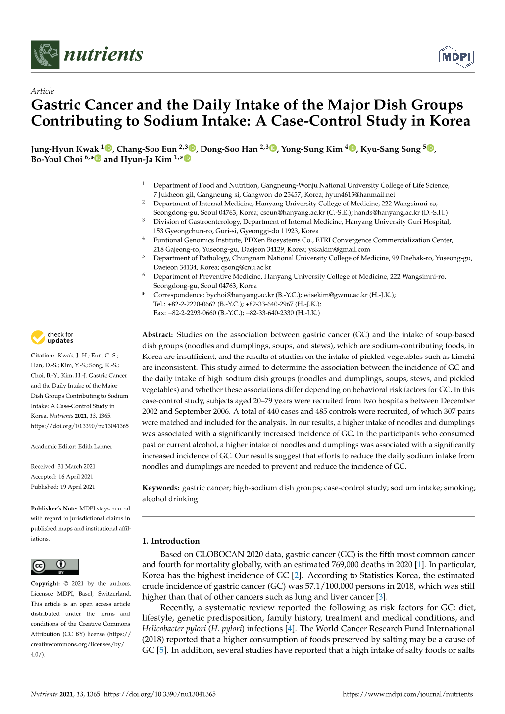 Gastric Cancer and the Daily Intake of the Major Dish Groups Contributing to Sodium Intake: a Case-Control Study in Korea