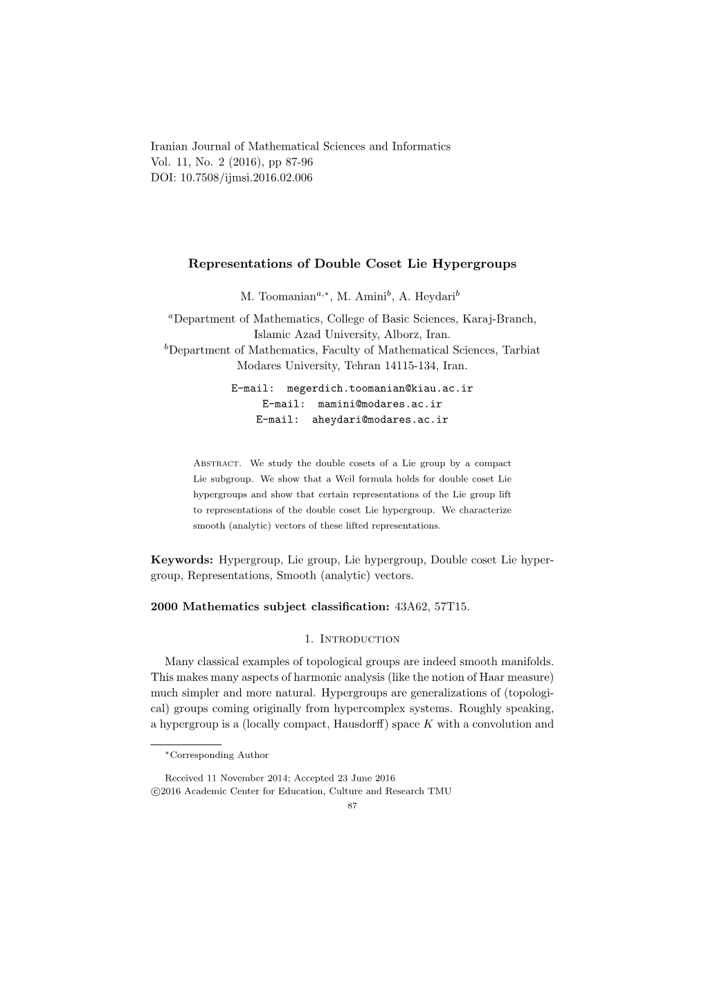 Representations of Double Coset Lie Hypergroups